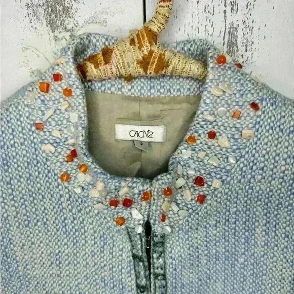 CACHE Boucle Tweed Top Jacket Lined Embellished Beads - Picture 3 of 7